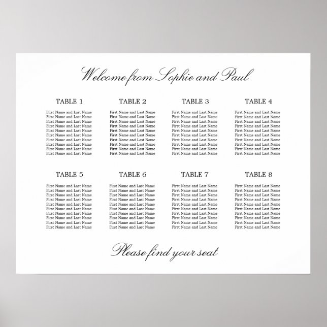 8 Bord Elegant Minimalistisk Placeringsplan Poster (Framsidan)