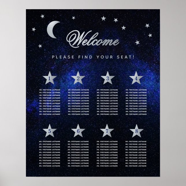 8 Bord Himlar Celestial Bröllop Stars Sittdiagram Poster (Framsidan)