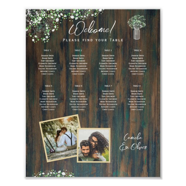 8 Bord Rustic Wood Gypsophila PHOTO SEATING Fototryck (Framsidan)