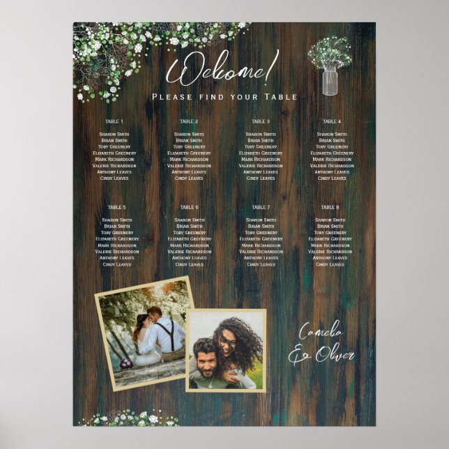8 Bord Rustic Wood Gypsophila PHOTO SEATING Poster (Framsidan)
