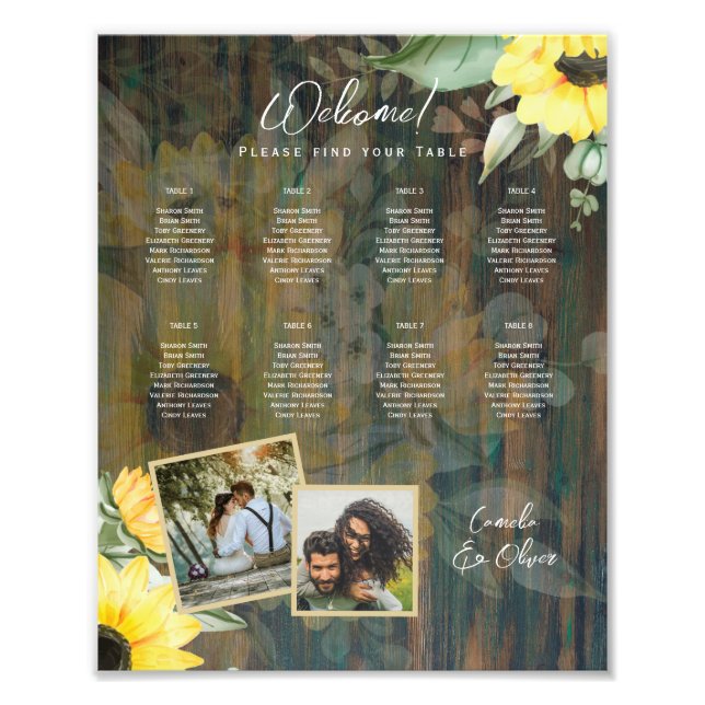 8 Bord Rustic Wood SUNFLOWERS FOTO SEATTE (Framsidan)