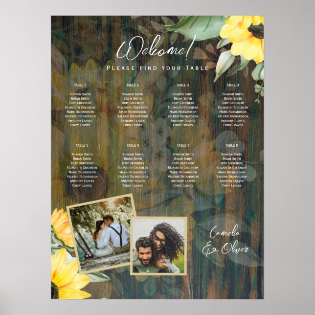 8 Bord Rustic Wood SUNFLOWERS FOTO SEATTE Poster (Framsidan)