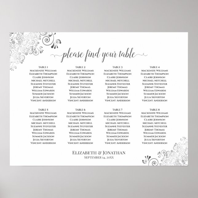 8 Bord Vita Bröllop-sätesschemat Silver Frills Poster (Framsidan)