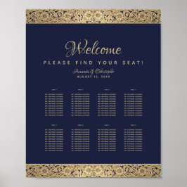 8 Bordsväv Navyblå Bröllopsplatskarta Guld Ros Poster