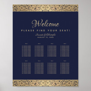 8 Bordsväv Navyblå Bröllopsplatskarta Guld Ros Poster