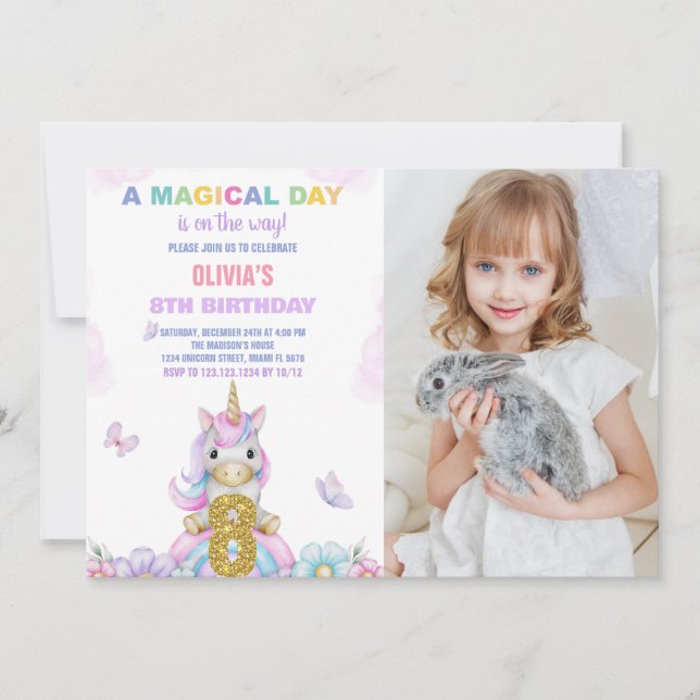 8:e Blommigten Unicorn Birthday-inbjudningar med f Inbjudningar (Framsida)