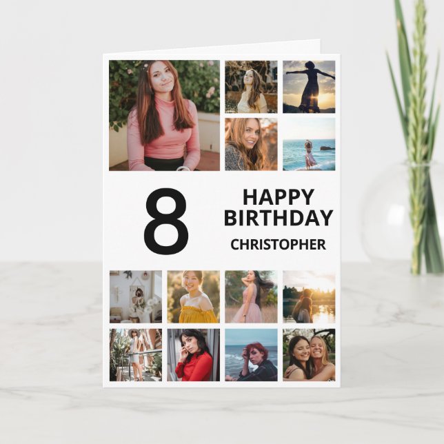 8:e födelsedag Foto Collage 13 Photos Black & Whit Kort (Framsida)
