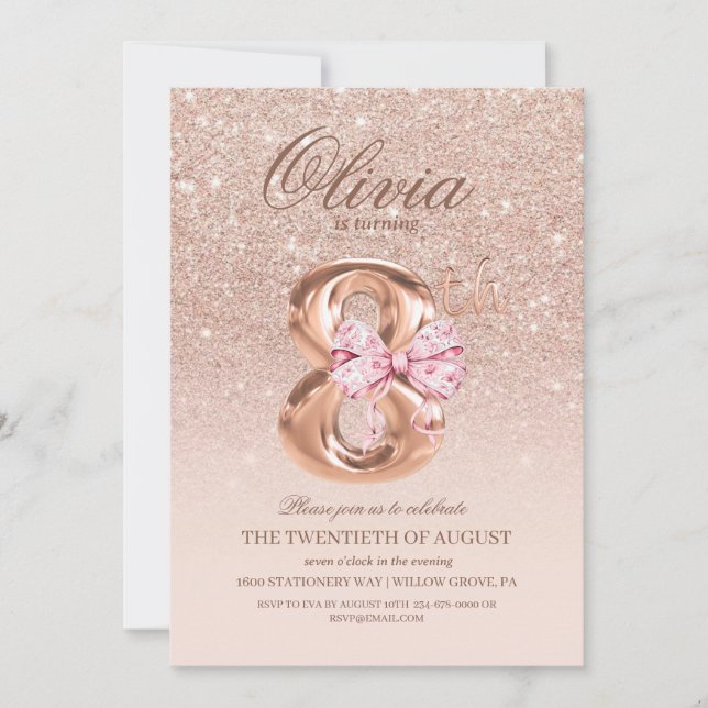 8:e födelsedag Ro Rosa Guld Bow Födelsedagsfest Inbjudningar (Framsida)