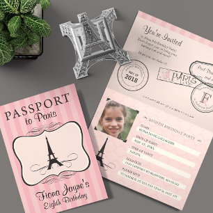 8:e födelsedag Rosa Paris Passport-inbjudan Inbjudan