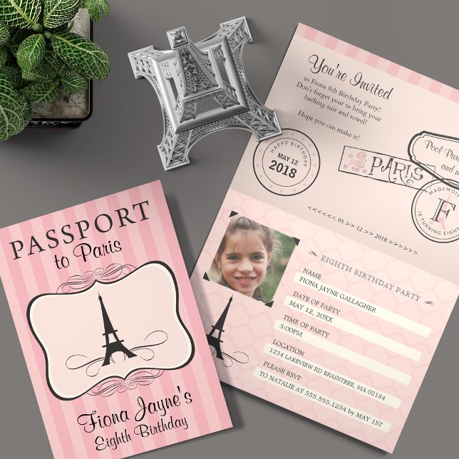 8:e födelsedag Rosa Paris Passport-inbjudan Inbjudan (Skapare uppladdad)