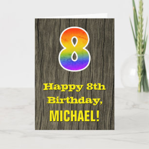 8:e födelsedag: Rustic Faux Wood look, Rainbow ’8’ Kort
