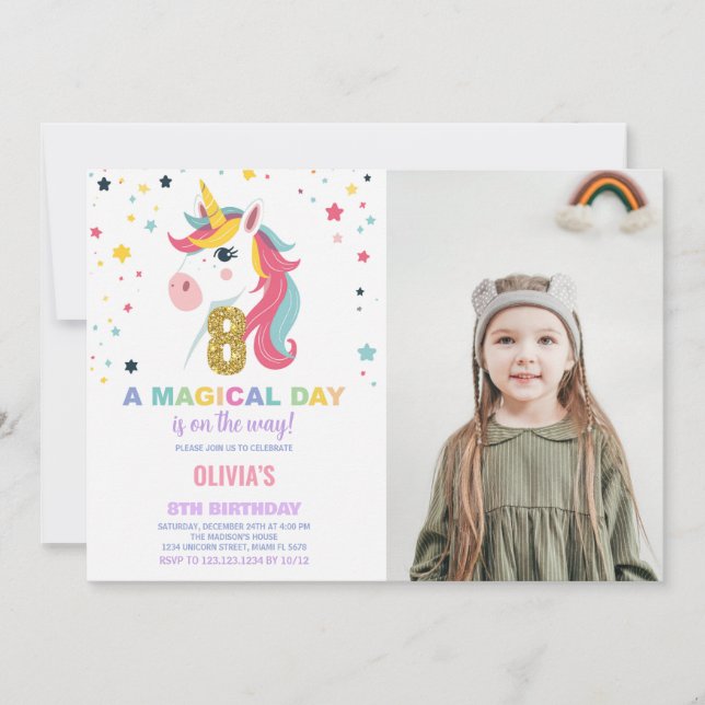 8:e födelsedag Unicorn Birthday-foto Inbjudningar (Framsida)