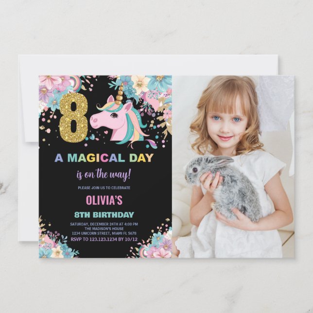 8:e födelsedag Unicorn Birthday-foto Inbjudningar (Framsida)