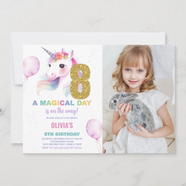 8:e födelsedag Unicorn Birthday-foto Inbjudningar (Framsida)