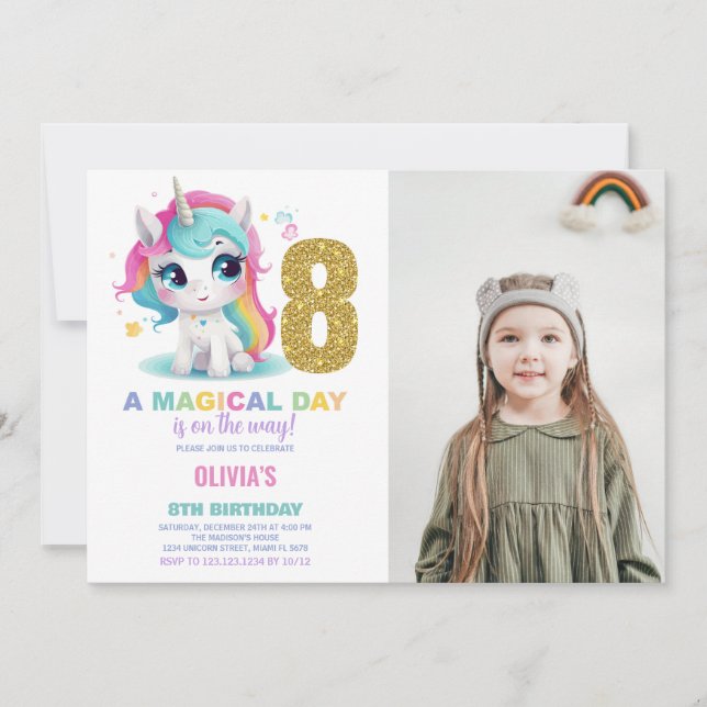 8:e födelsedag Unicorn Birthday-foto Inbjudningar (Framsida)
