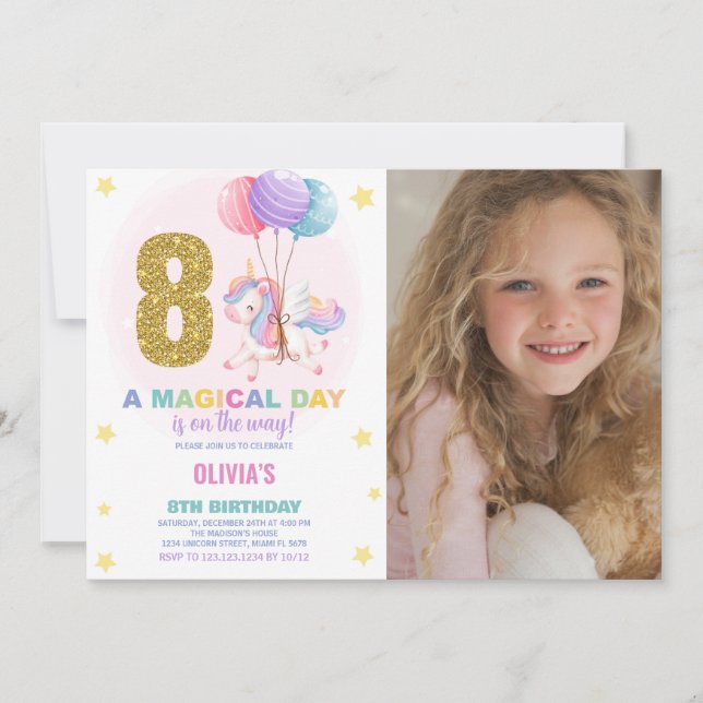 8:e födelsedag Unicorn Birthday-foto Inbjudningar (Framsida)