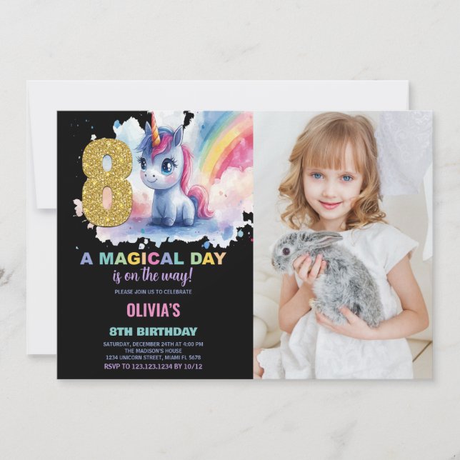 8:e födelsedag Unicorn Birthday-foto Inbjudningar (Framsida)