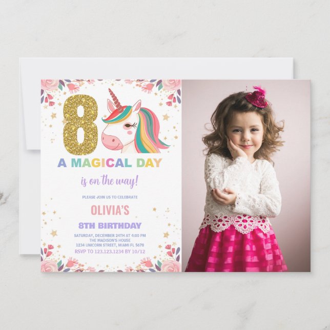 8:e födelsedag Unicorn Birthday-foto Inbjudningar (Framsida)