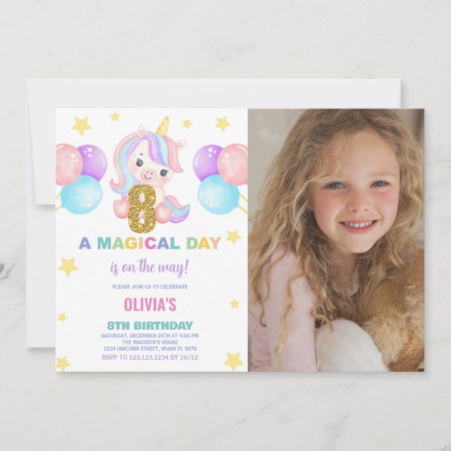 8:e födelsedag Unicorn Birthday-foto Inbjudningar (Framsida)