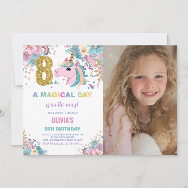 8:e födelsedag Unicorn Birthday-foto Inbjudningar (Framsida)