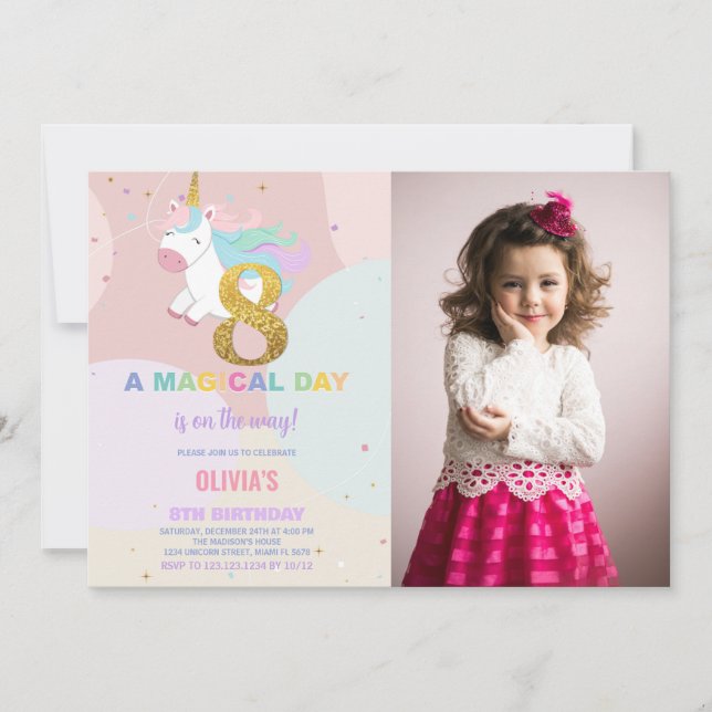 8:e födelsedag Unicorn Birthday Inbjudningar med f (Framsida)