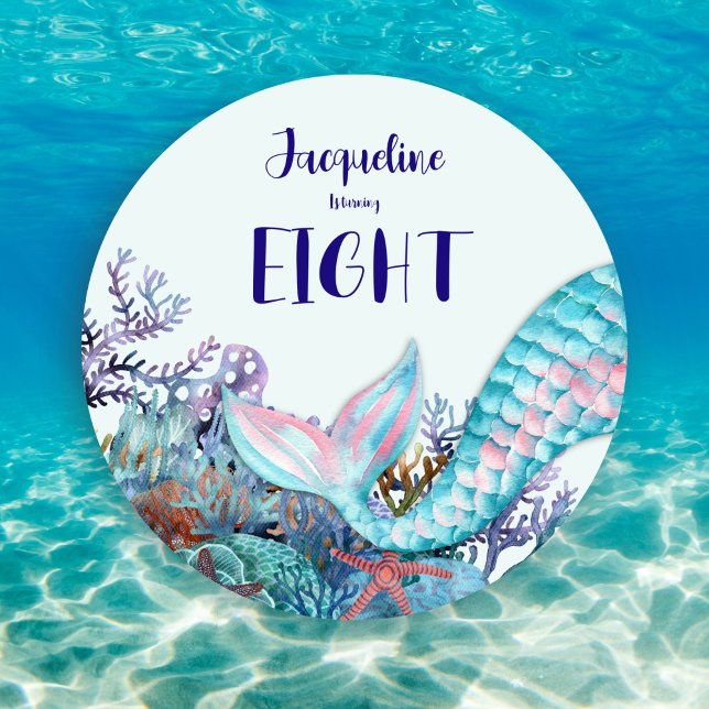 8:e födelsedag Vattenfärgad Sjöjungfru under havet Inbjudningar (Skapare uppladdad)