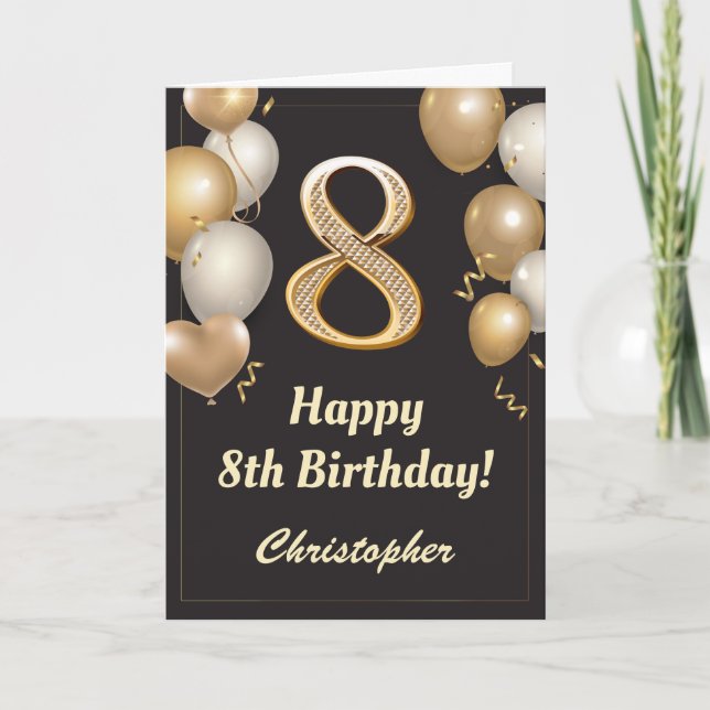 8:e födelsedagen Black och Guld Bubons Confetti Kort (Framsida)