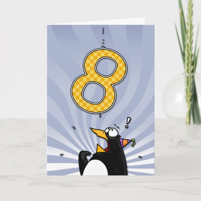 8:e födelsedagen - Penguin Surprise Kort (Framsida)