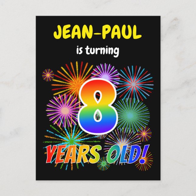 8:e födelsedagen - Roligt Fireworks, Regnbåge "8" Vykort (Framsida)