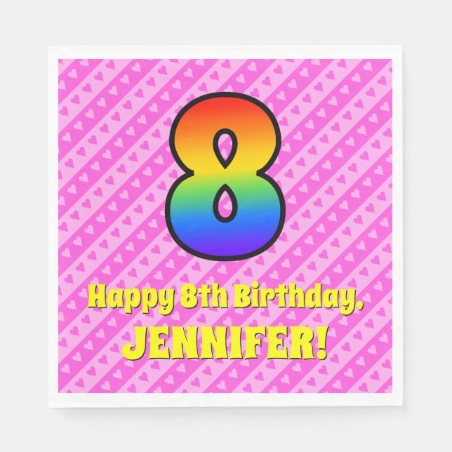 8:e födelsedagen: Rosa Rand & Hearts, regnbåge nr  Pappersservett (Framsidan)