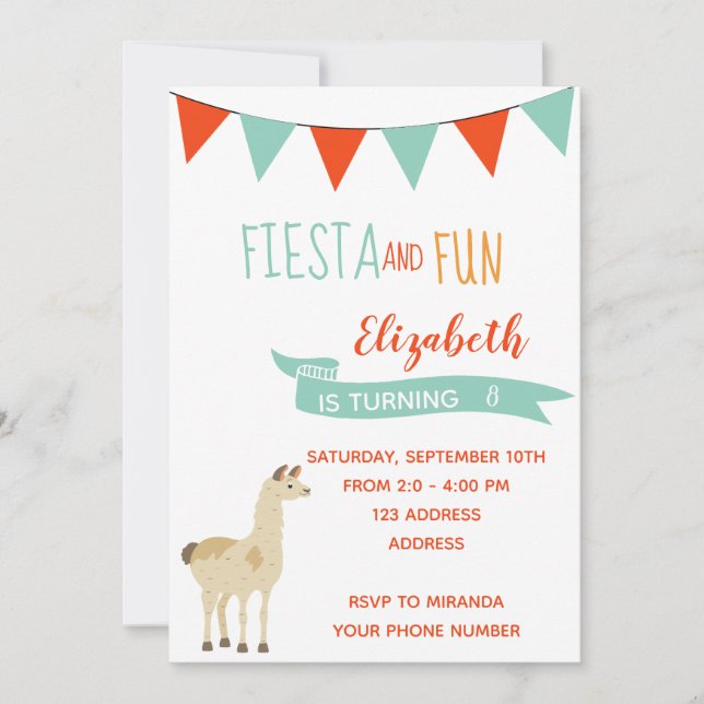 8:e födelsedagsfest inbjudan-fiesta med lama inbjudningar (Framsida)
