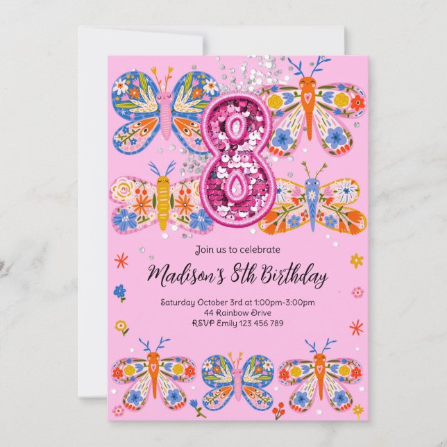 8:e födelsedagsfjäril inbjudningar (Framsida)
