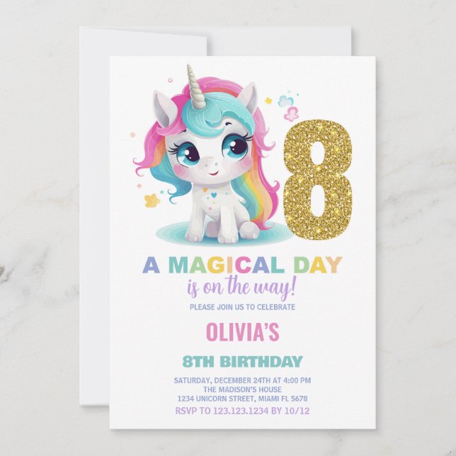 8:e födelsedagsinbjudan till Unicorn Birthday Inbjudningar (Framsida)