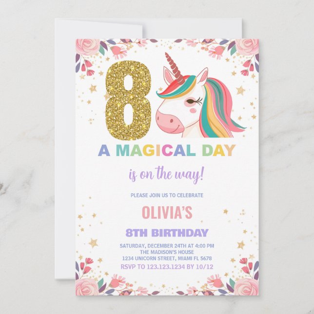 8:e födelsedagsinbjudan till Unicorn Birthday Inbjudningar (Framsida)
