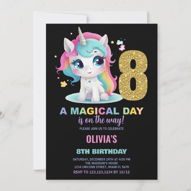8:e födelsedagsinbjudan till Unicorn Birthday Inbjudningar (Framsida)
