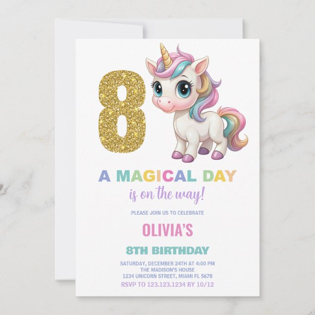8:e födelsedagsinbjudan till Unicorn Birthday Inbjudningar (Framsida)