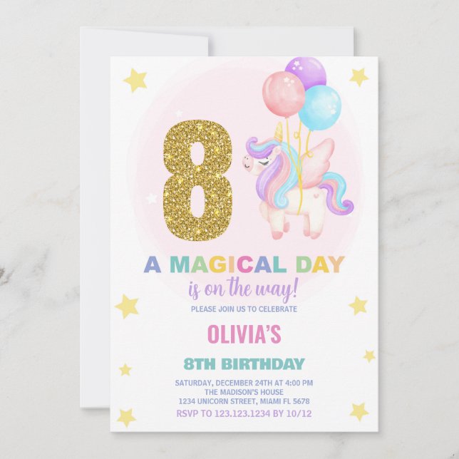 8:e födelsedagsinbjudan till Unicorn Birthday Inbjudningar (Framsida)