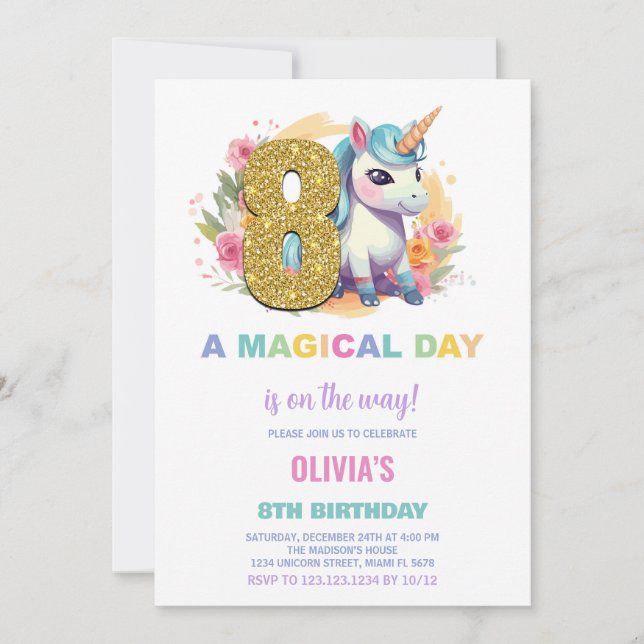 8:e födelsedagsinbjudan till Unicorn Birthday Inbjudningar (Framsida)