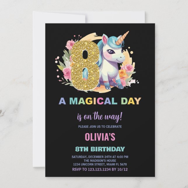 8:e födelsedagsinbjudan till Unicorn Birthday Inbjudningar (Framsida)