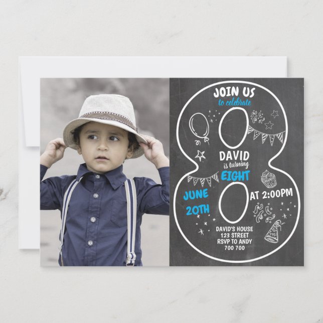 8:e födelsedagsjokalkbrädet med fotonummerblått inbjudningar (Framsida)