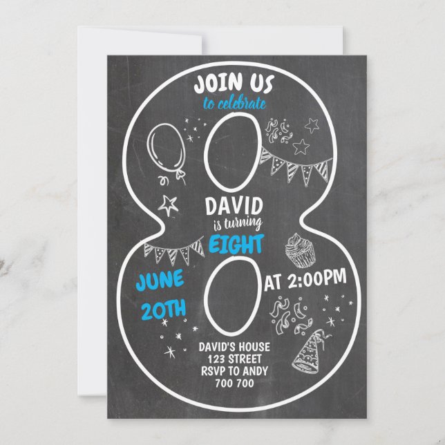 8:e födelsedagstjället, jalkboard nummer blått inbjudningar (Framsida)