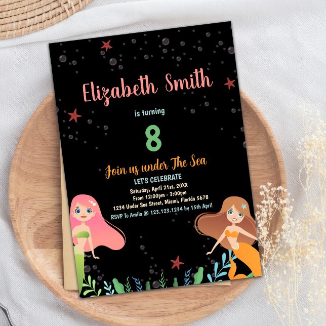 8:e inbjudan till svart Sjöjungfru på födelsedagen (8th Black Mermaid Birthday Invitations)