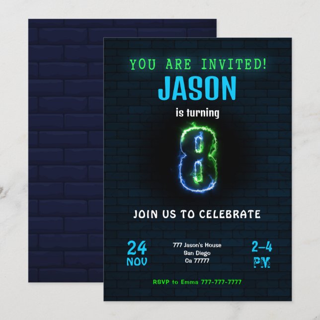 8:e pojkens födelsedagsinbjudan inbjudningar (Fram/baksida)