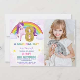 8:e regnbåge, Unicorn Birthday-inbjudan med foto Inbjudningar