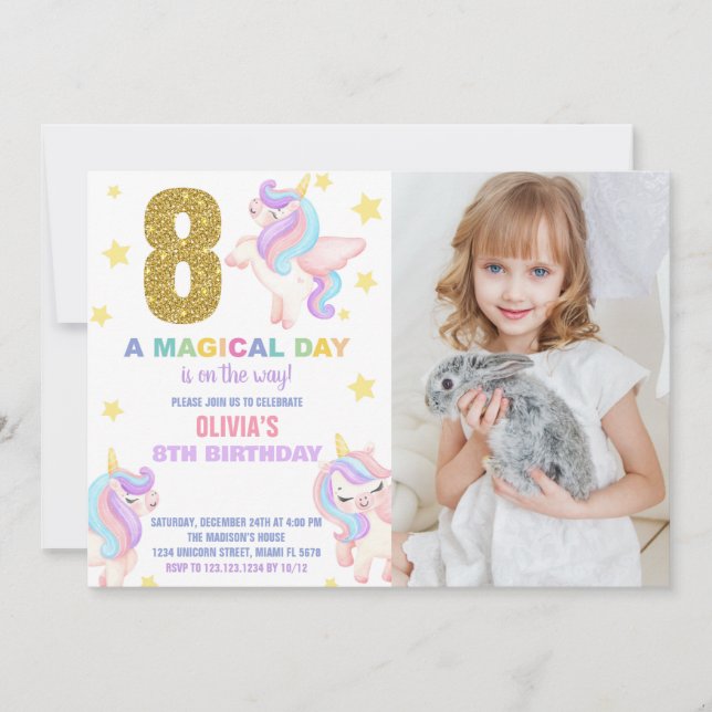 8:e regnbåge, Unicorn Birthday-inbjudan med foto Inbjudningar (Framsida)