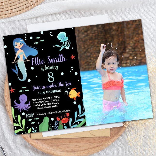 8:e Sjöjungfrun födelsedagsinbjudan med foto Inbjudningar (8th Mermaid Birthday Invitations with photo)
