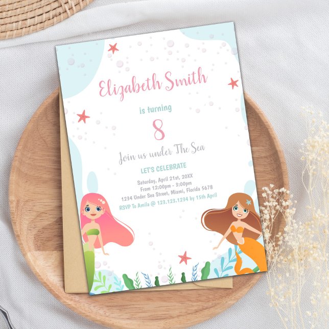 8:e Sjöjungfruns födelsedagsinbjudan Inbjudningar (8th Mermaid Birthday Invitations)