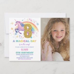 8:e Unicorn Birthday-inbjudan med foto Inbjudningar