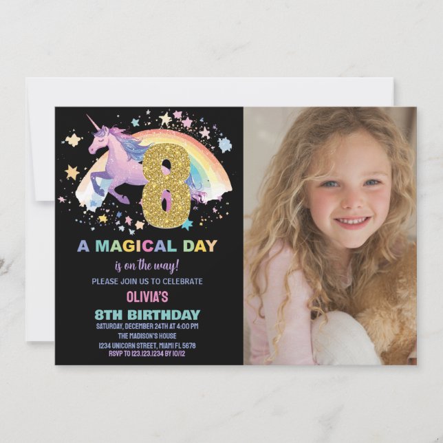 8:e Unicorn Birthday-inbjudan med foto Inbjudningar (Framsida)