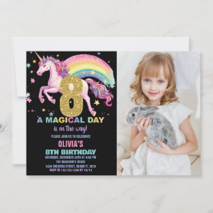 8:e Unicorn Birthday-inbjudan svart med foto Inbjudningar